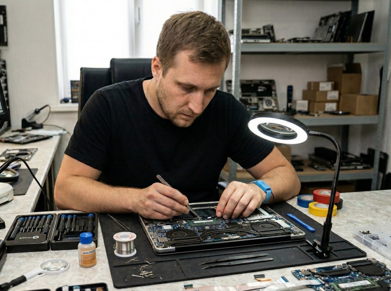 Частный мастер выполняет ремонт ноутбука на выезде